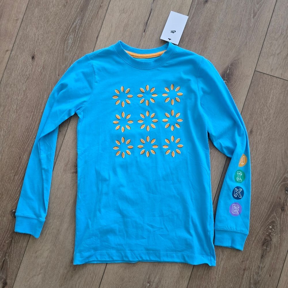 Nike Girl's Sportswear Cotton Logo T-Shirt Blue Flower Swoosh NWT